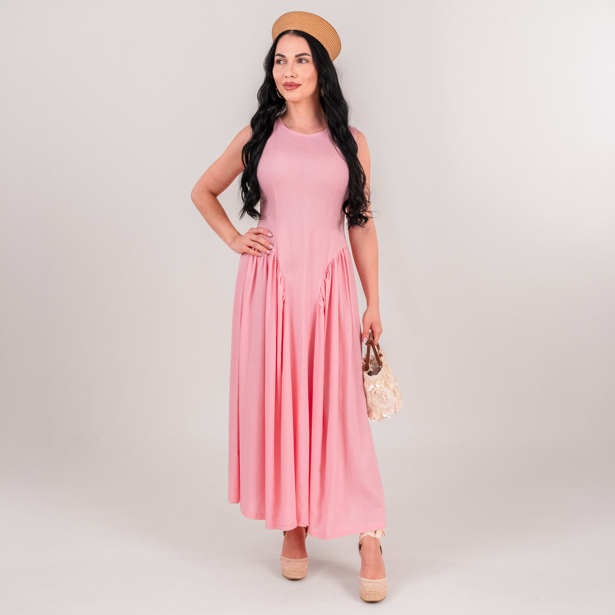 Rochie dama roz din in cu talie accentuata si falduri