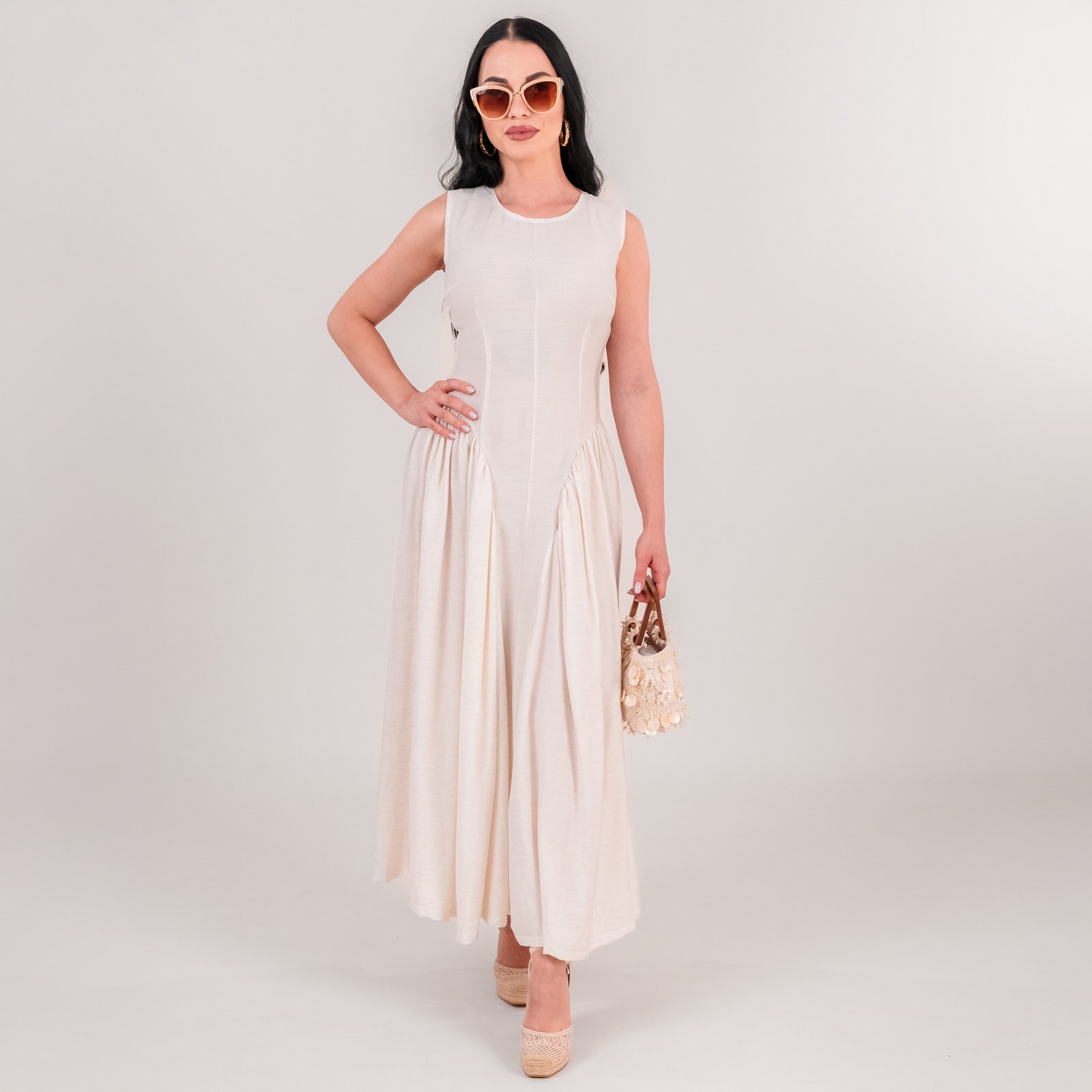 Rochie dama ecru din in cu talie accentuata si falduri