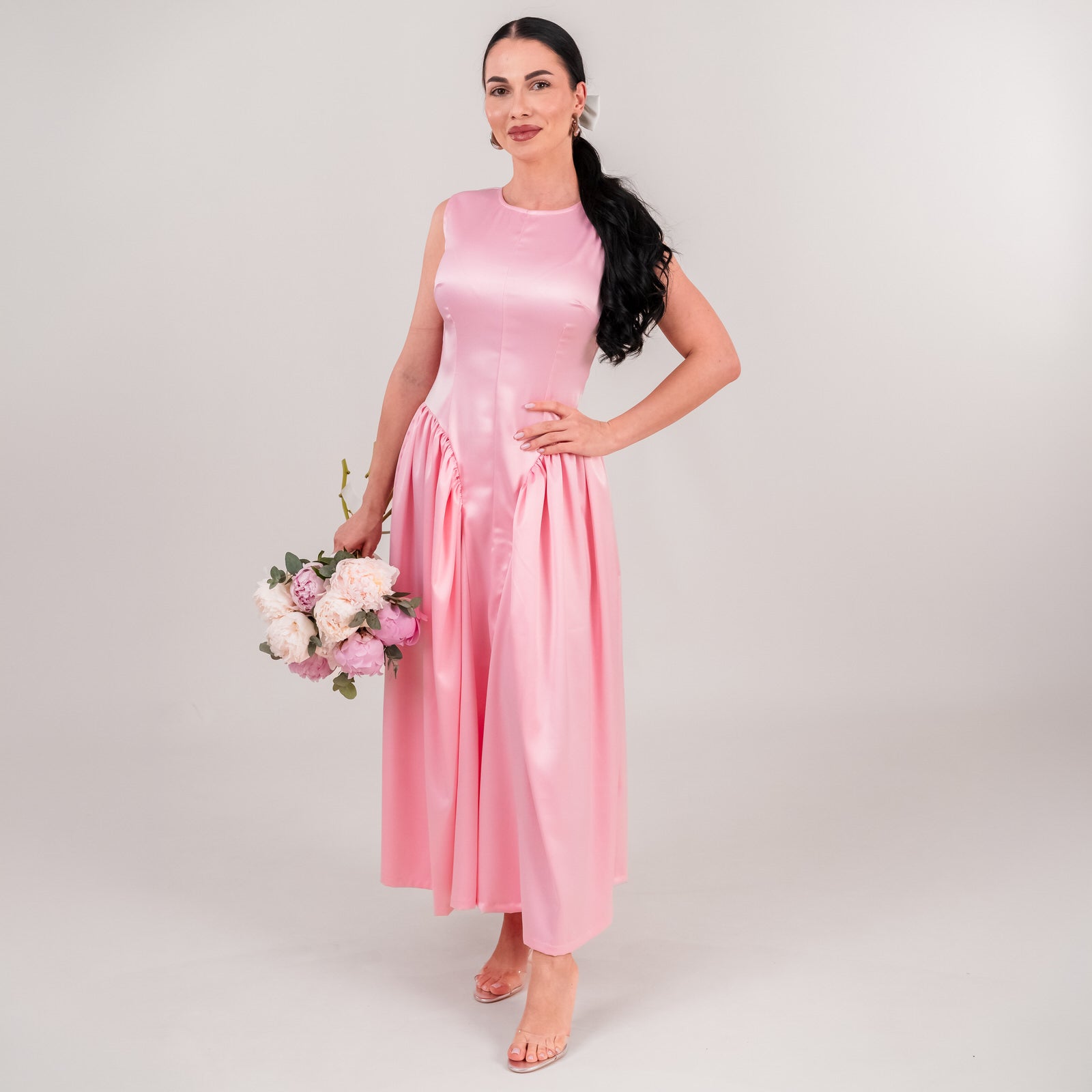 Rochie dama roz din tafta cu talie accentuata si falduri