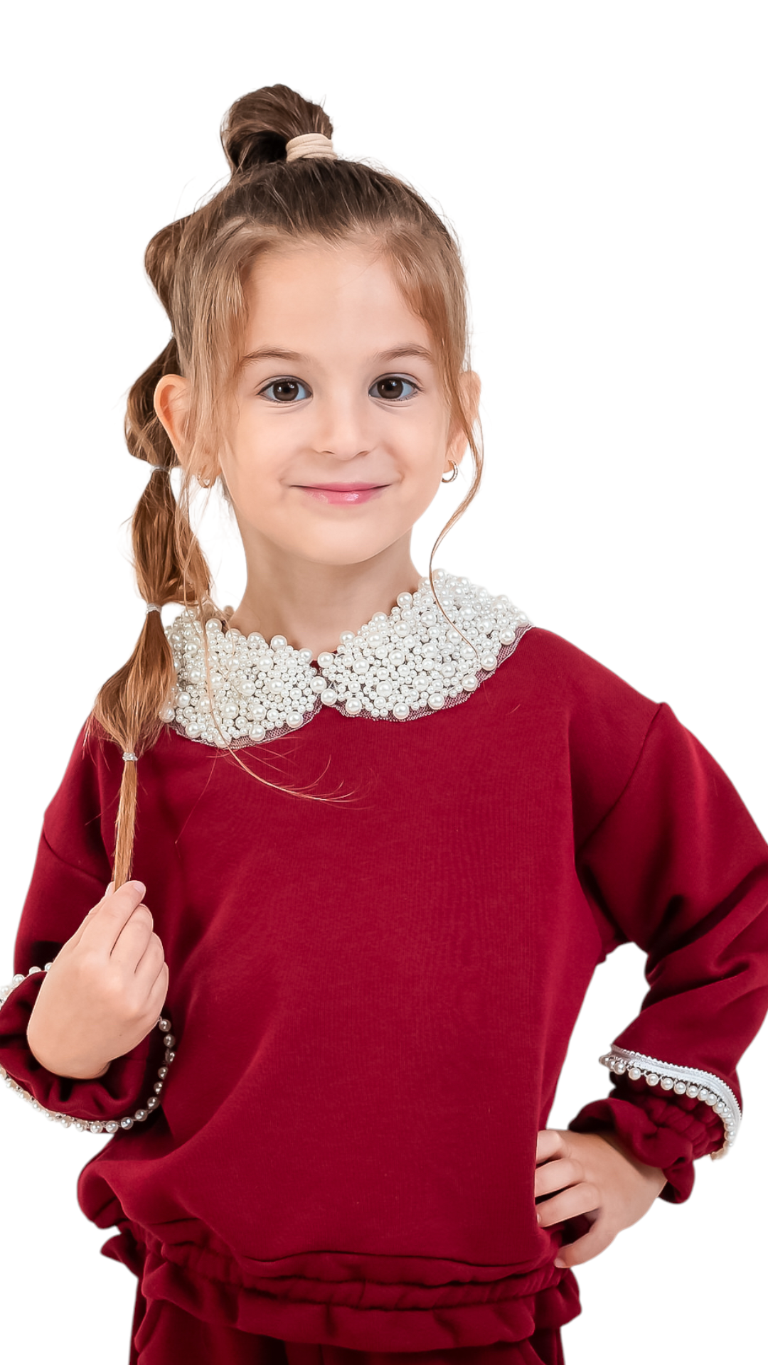 Trening fete burgundy cu guler cu perle si pantaloni jogger