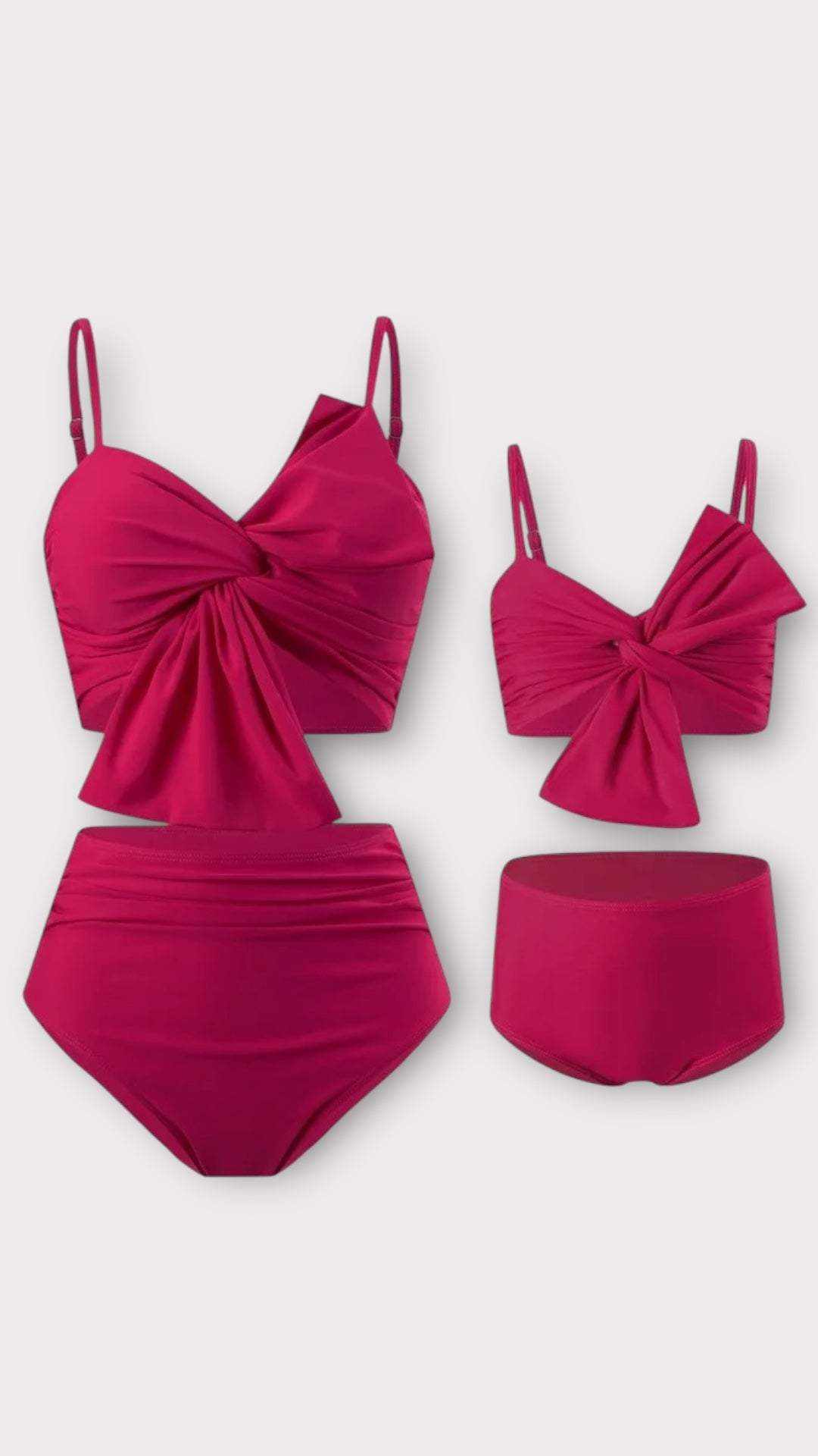 Set costume de baie mama fiica din doua piese magenta cu funda impletita