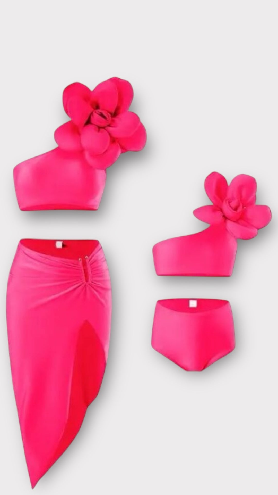 Set costume de baie mama fiica din doua piese fuchsia cu floare supradimensionata