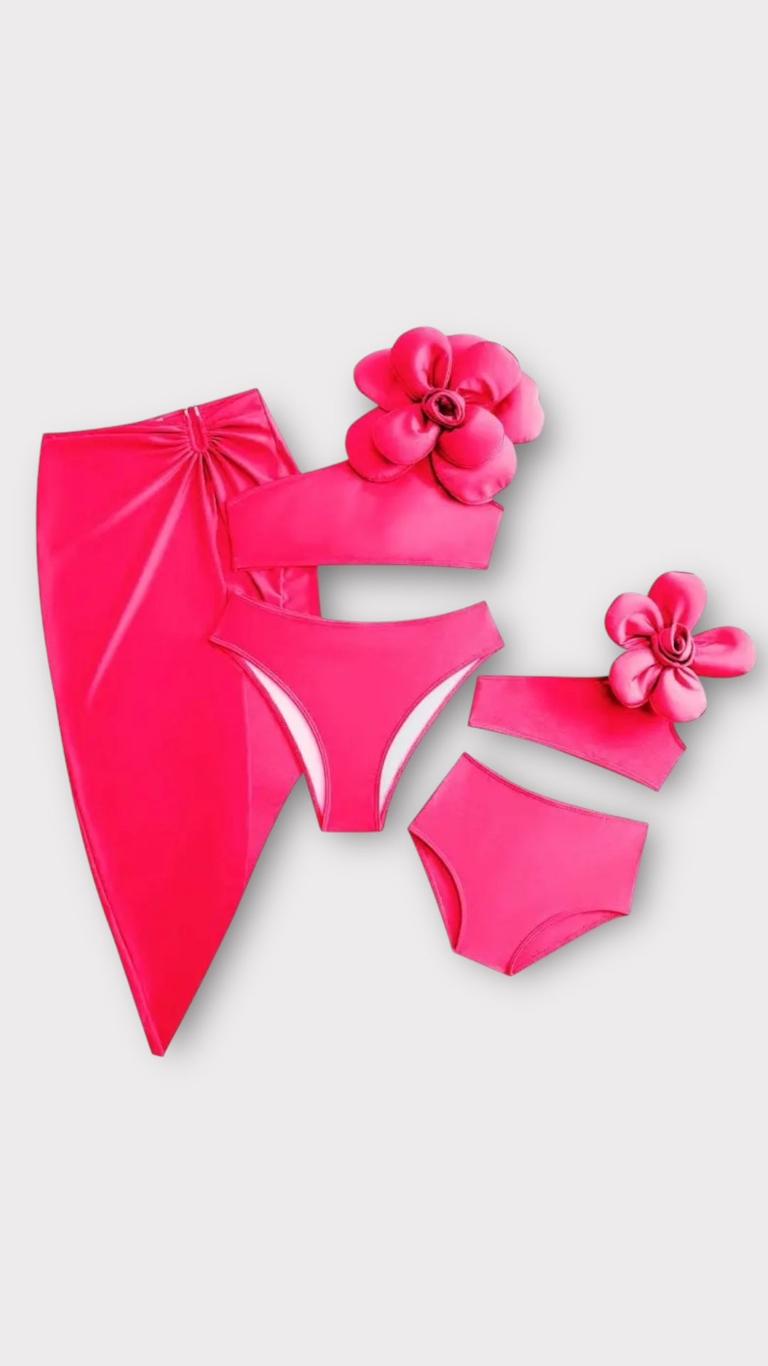 Set costume de baie mama fiica din doua piese fuchsia cu floare supradimensionata