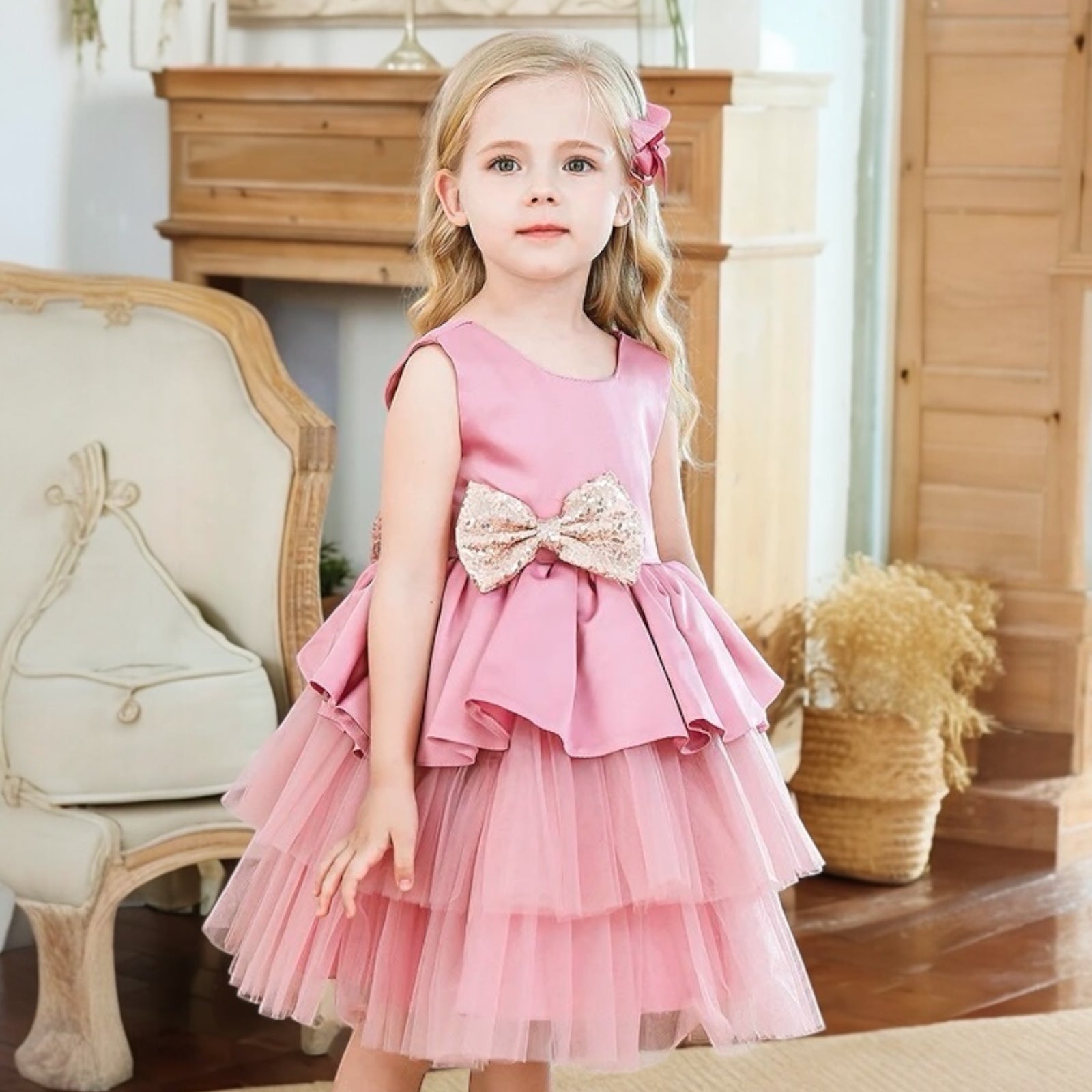 Rochie fete roz pudra cu tul si funda cu paiete Glamorous