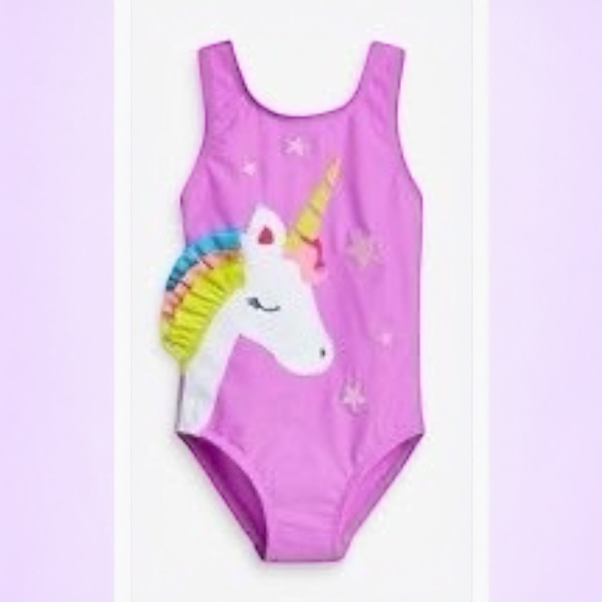 Costum de baie fete cu imprimeu unicorn si aplicatie din volane