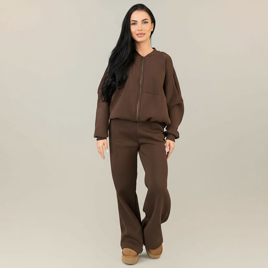 Trening dama maro ciocolata format din hanorac bomber si pantaloni largi
