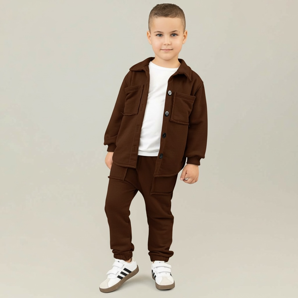 Trening copii maro ciocolata format din jacheta tip camasa si pantaloni jogger