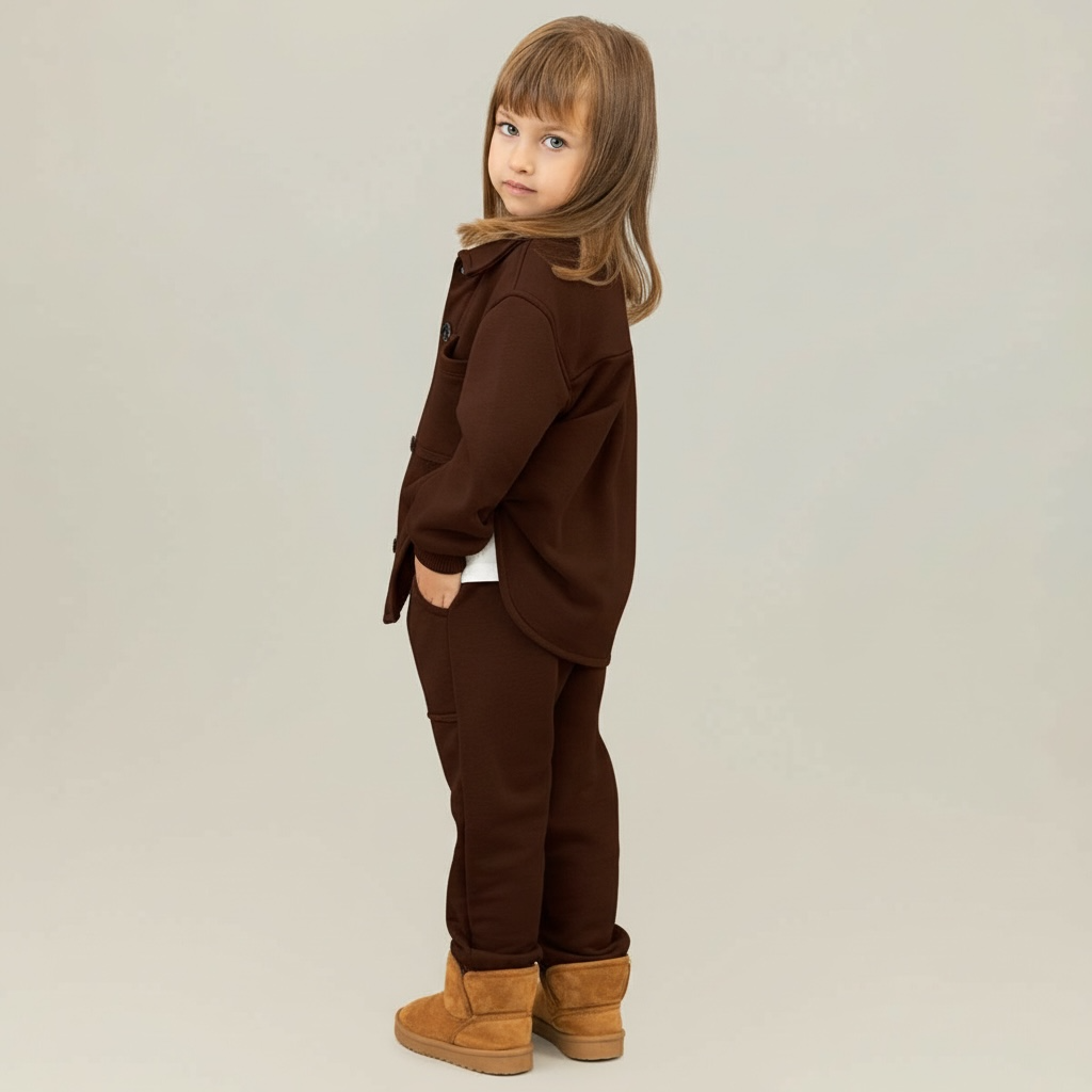 Trening copii maro ciocolata format din jacheta tip camasa si pantaloni jogger