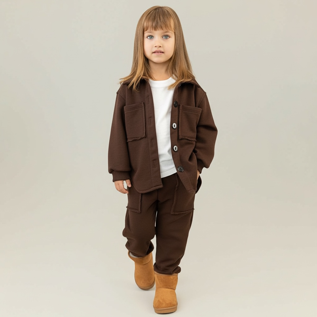 Trening copii maro ciocolata format din jacheta tip camasa si pantaloni jogger