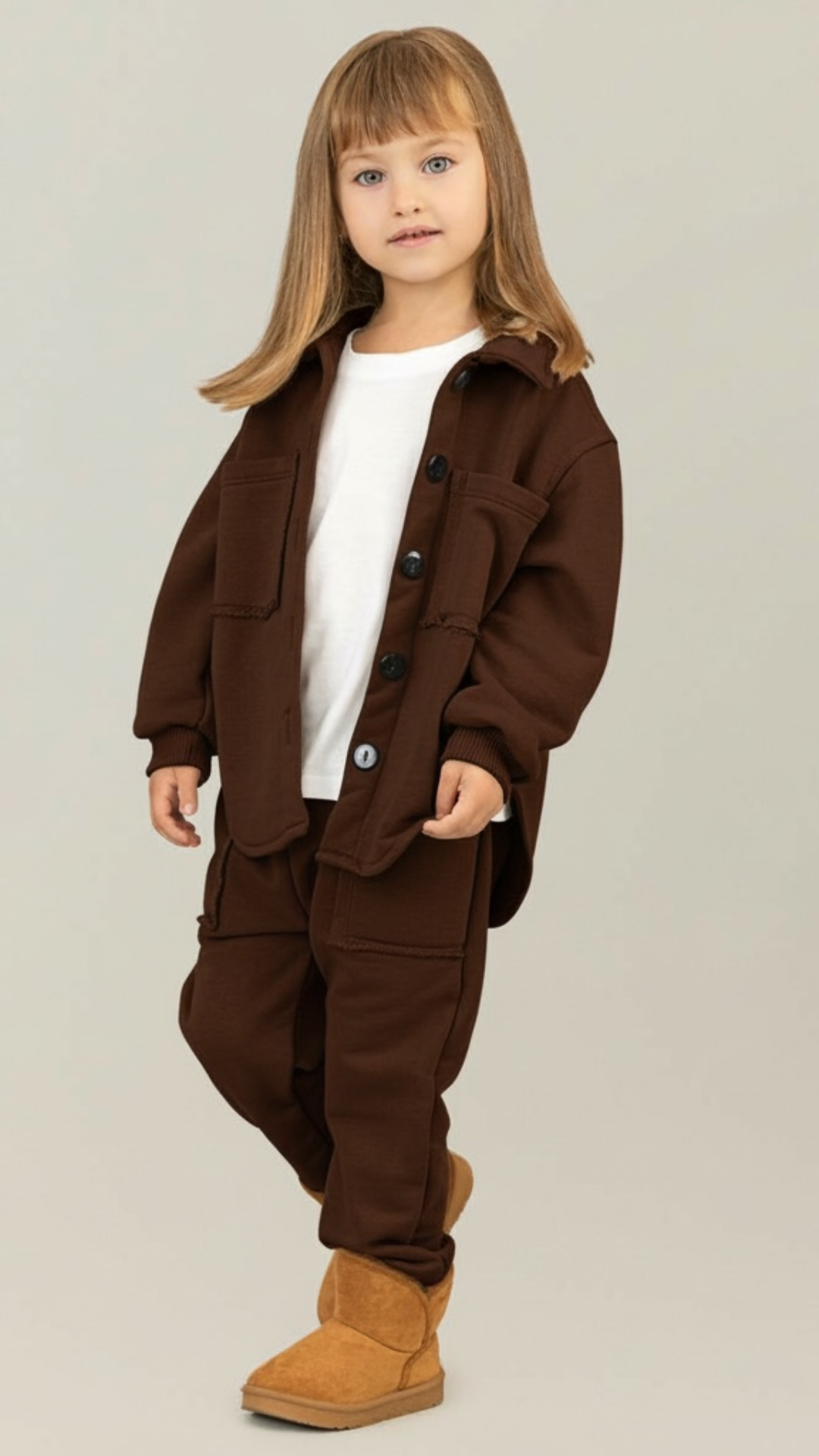 Trening copii maro ciocolata format din jacheta tip camasa si pantaloni jogger