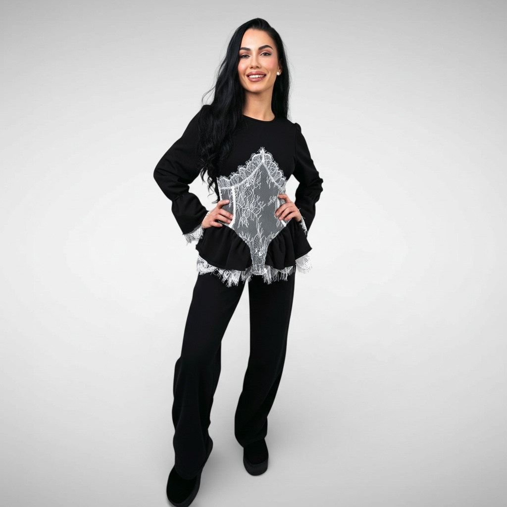 Compleu dama negru cu detalii corset si volane din dantela chantilly