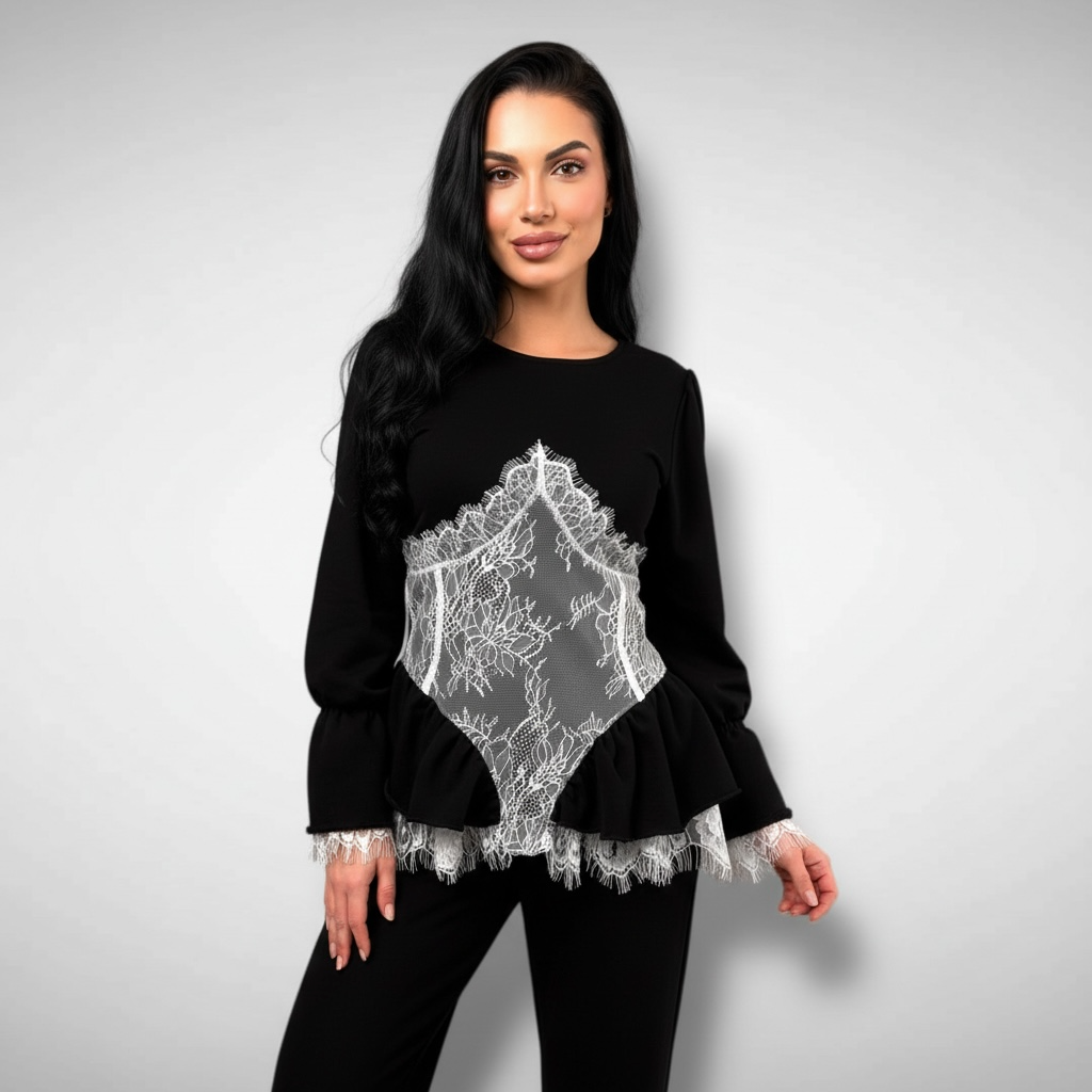 Compleu dama negru cu detalii corset si volane din dantela chantilly