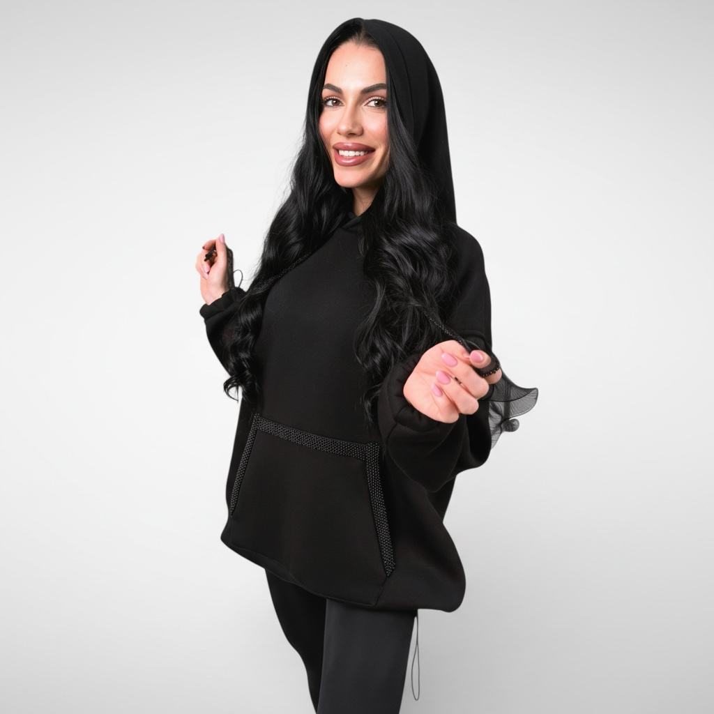 Hanorac dama negru oversize cu detalii din organza si aplicații decorative