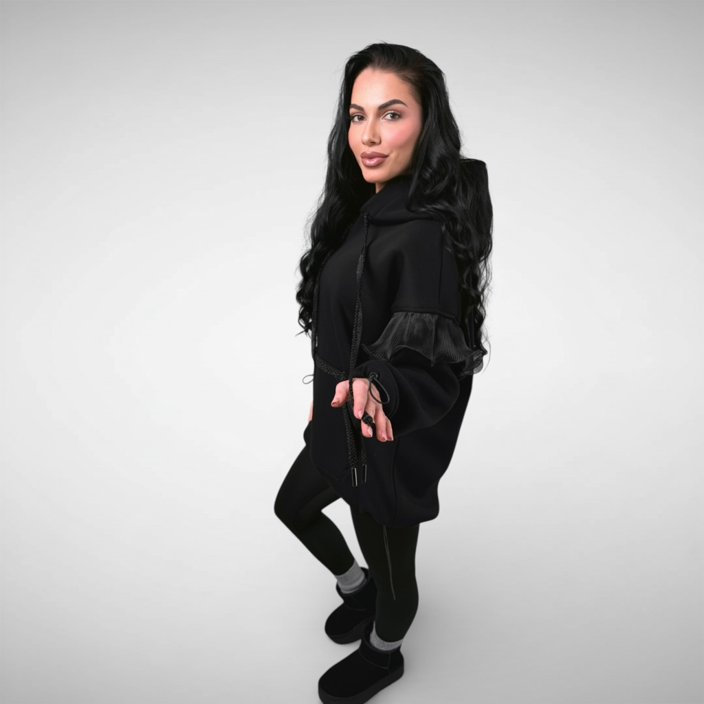 Hanorac dama negru oversize cu detalii din organza si aplicații decorative