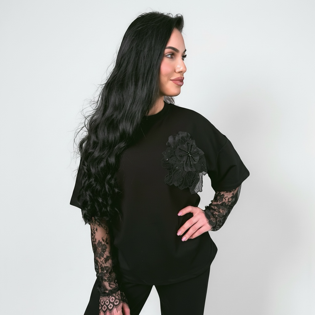 Compleu dama negru cu floare si maneci din dantela chantilly