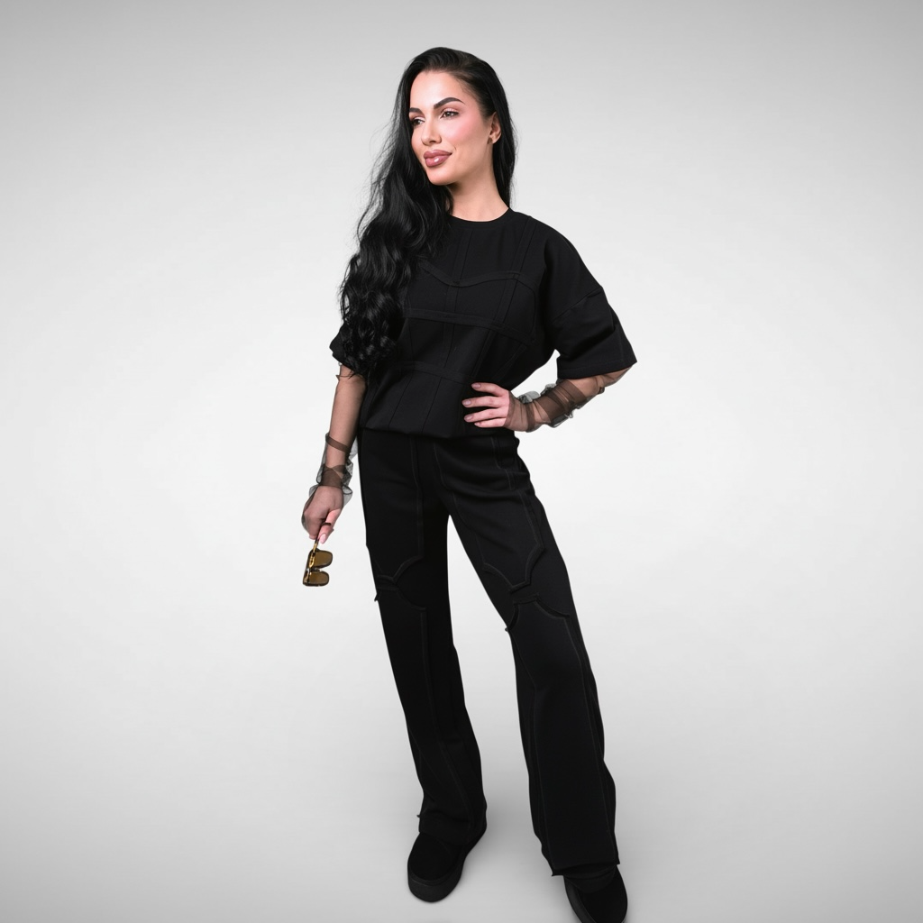 Compleu dama negru cu elemente de corset si maneci din tull detasabile