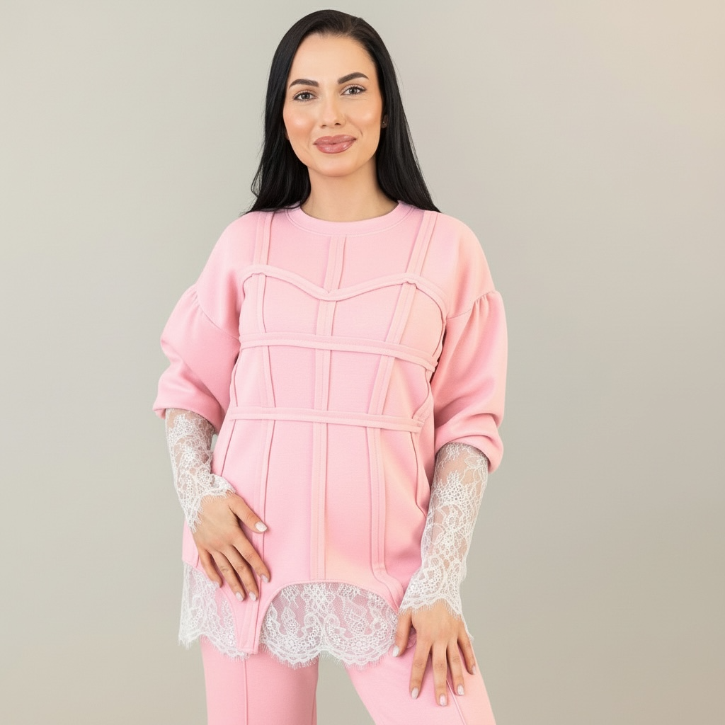 Trening dama roz cu bandaje tip corset si dantela chantilly