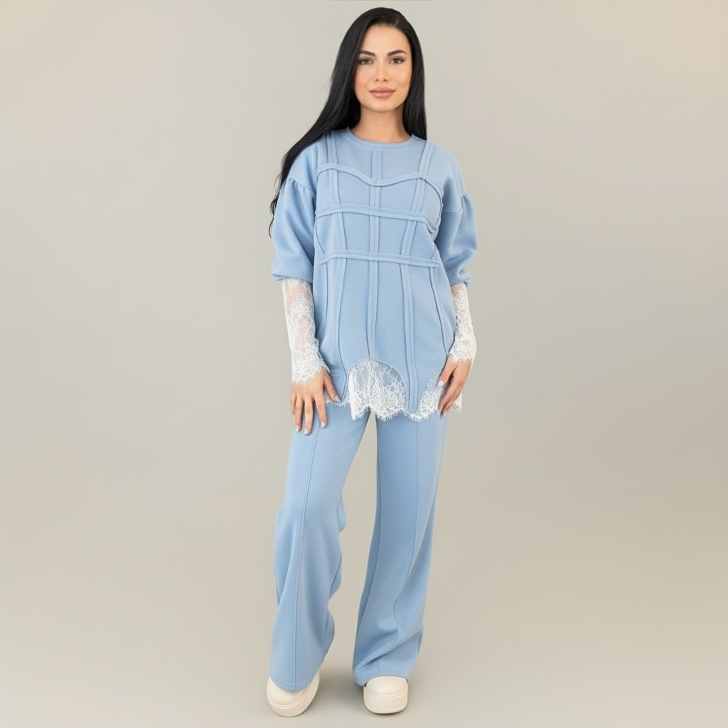 Trening dama bleu cu bandaje tip corset si dantela chantilly