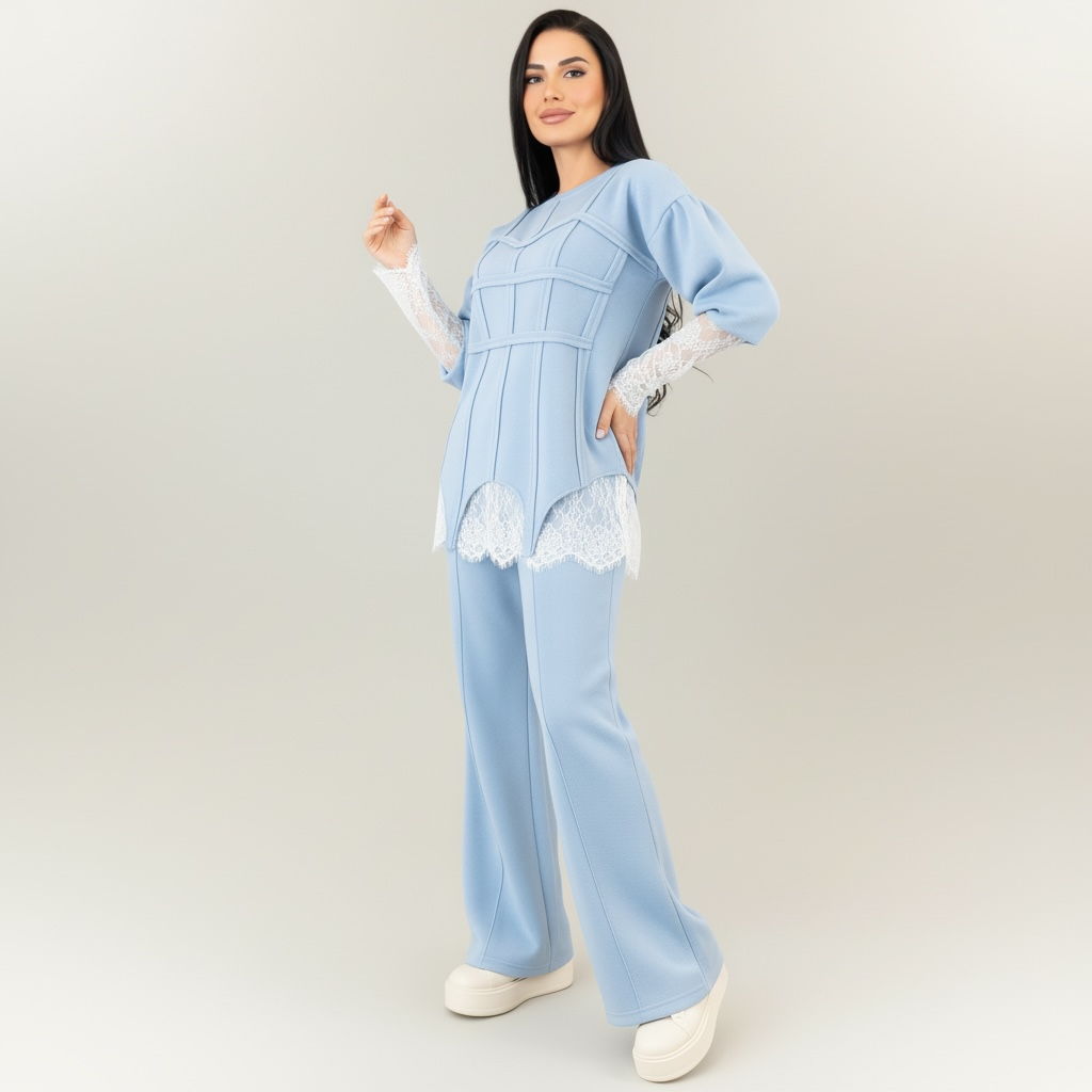 Trening dama bleu cu bandaje tip corset si dantela chantilly