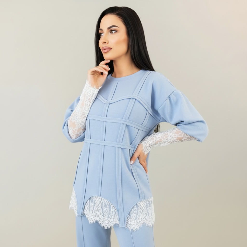 Trening dama bleu cu bandaje tip corset si dantela chantilly