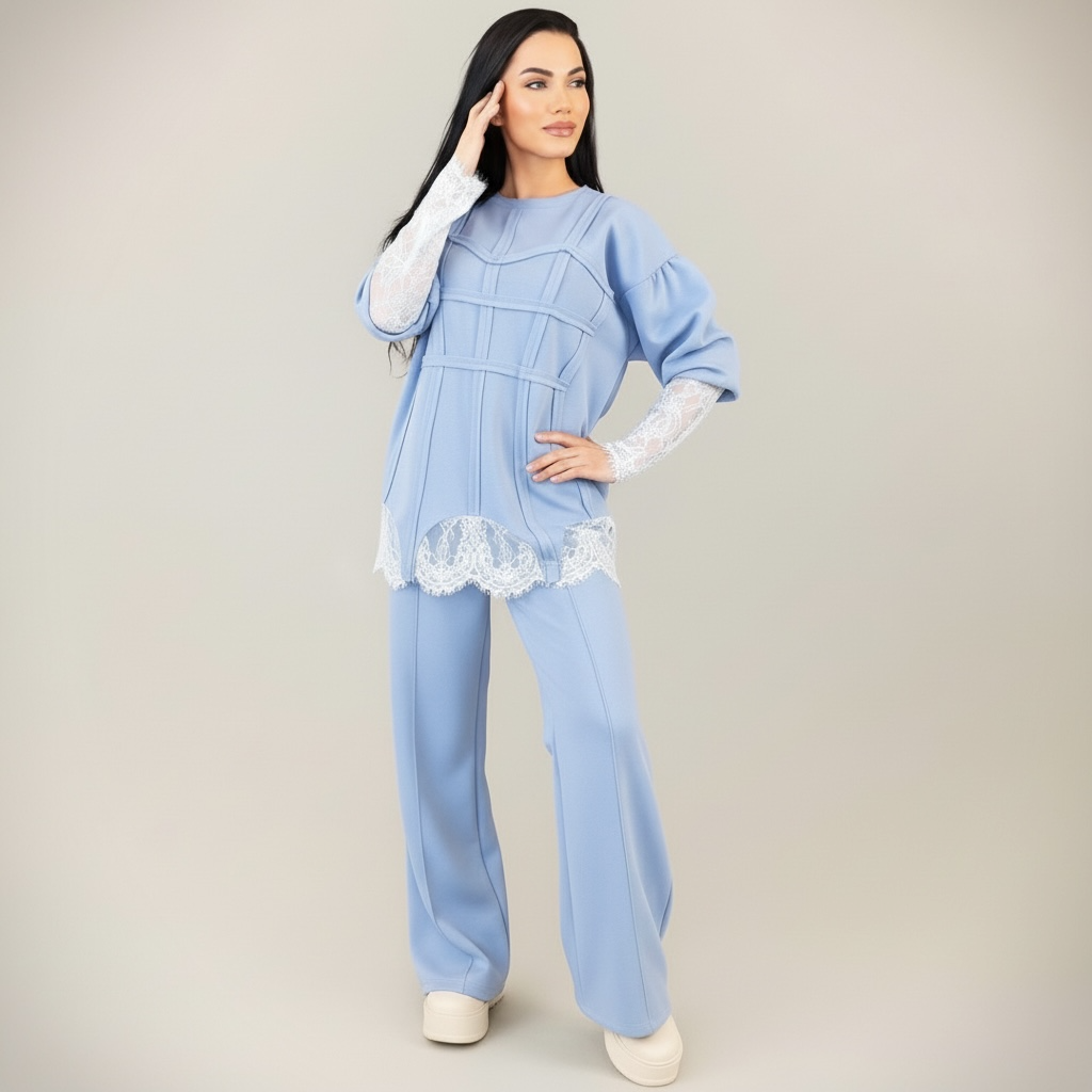 Trening dama bleu cu bandaje tip corset si dantela chantilly