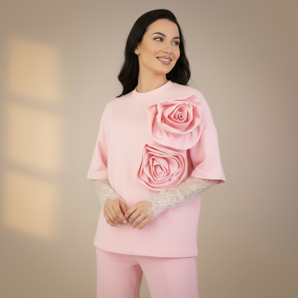 Compleu dama roz cu flori aplicate si maneci din dantela chantilly detasabile