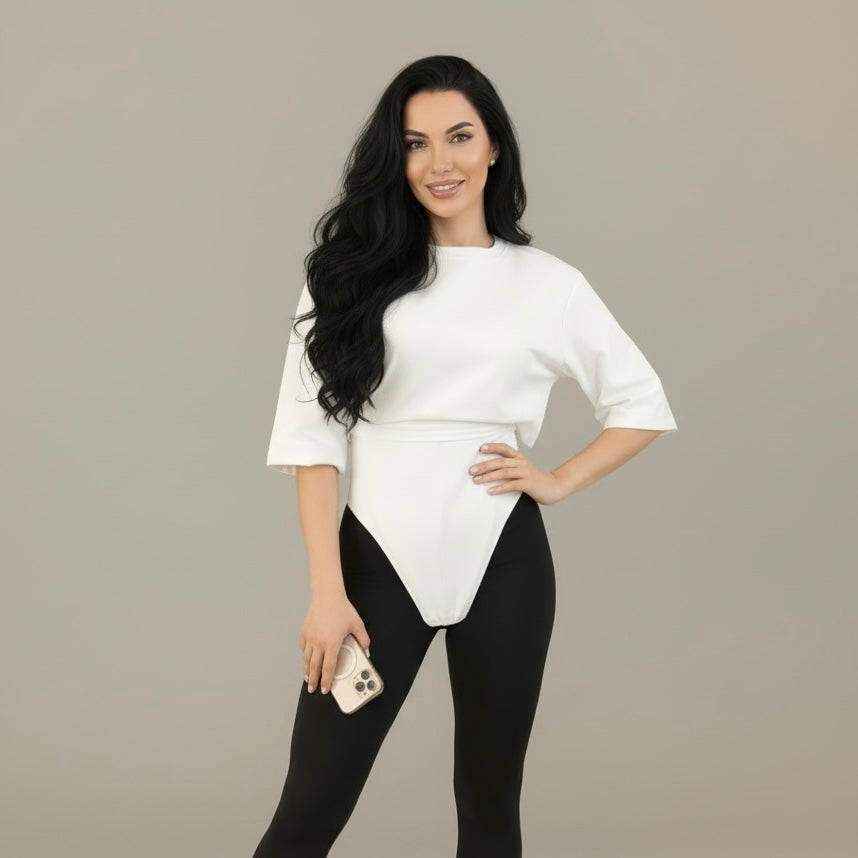 Tricou off white din bumbac premium cu corset
