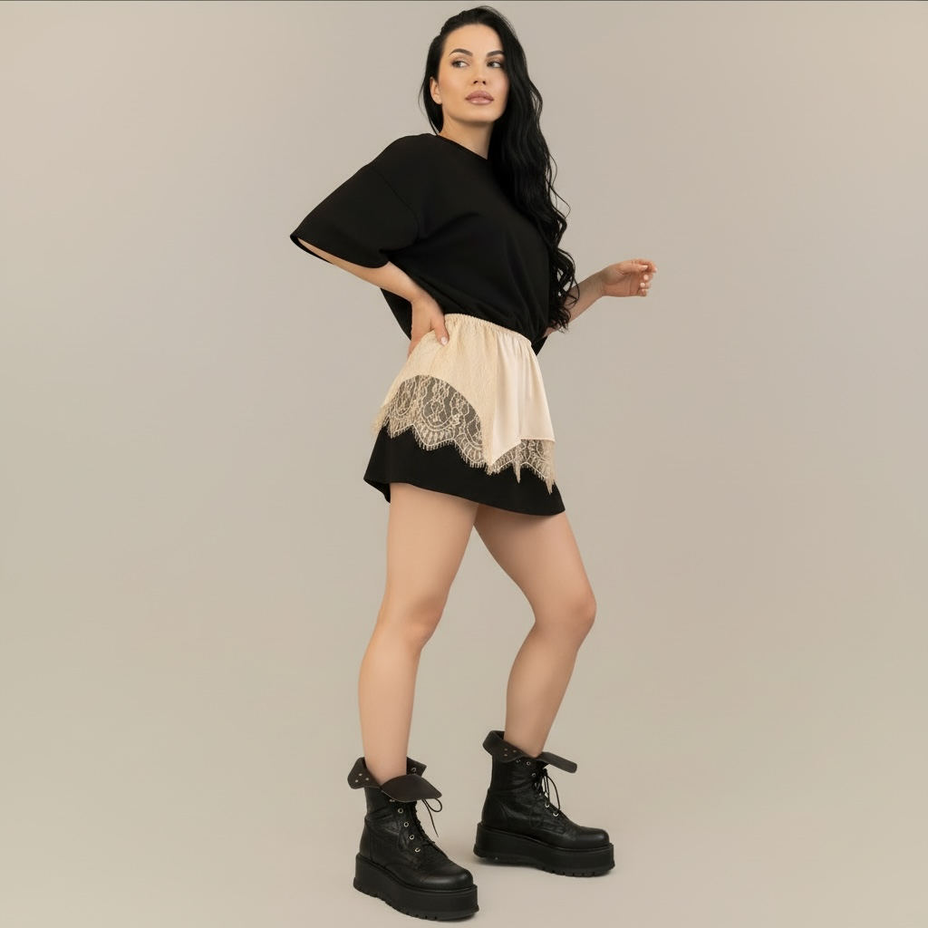 Tricou tip rochie negru cu brau din matase și dantela