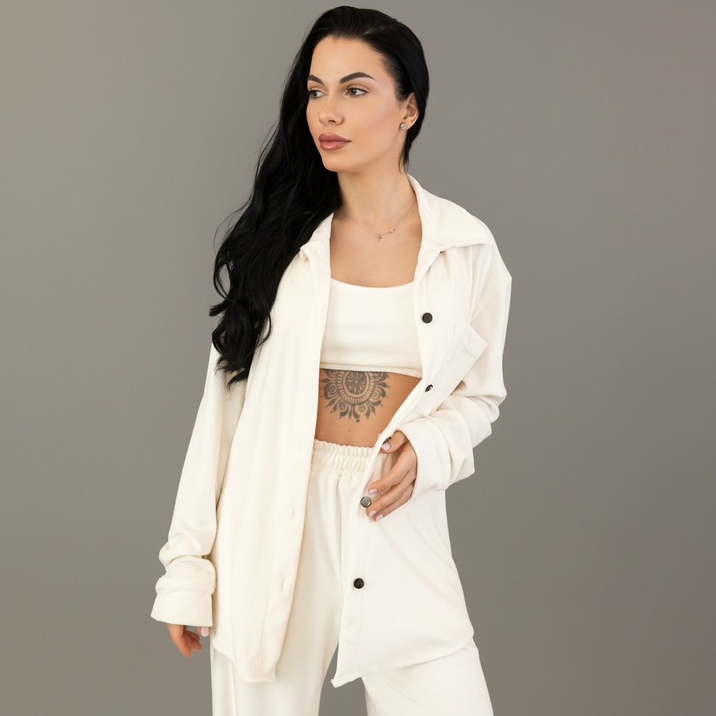 Compleu dama 3 piese off white din catifea