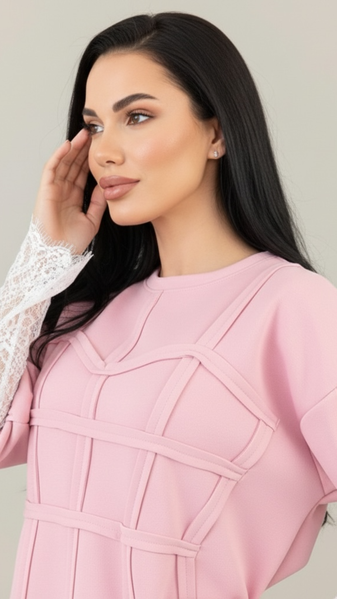 Trening dama roz cu bandaje tip corset si dantela chantilly