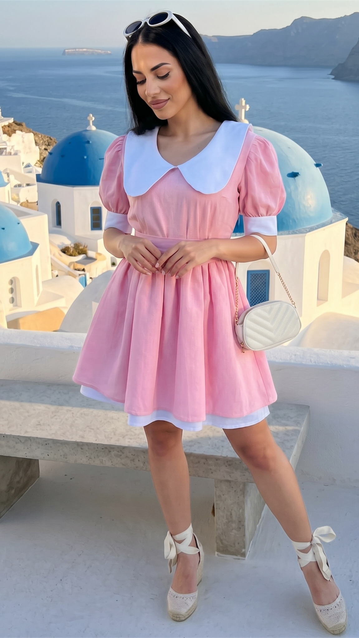 Rochie dama baby doll roz pastel din in cu guler alb si maneci bufante