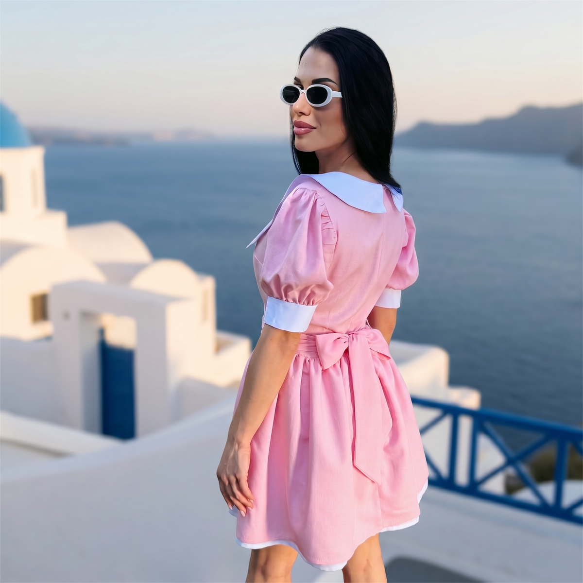 Rochie dama baby doll roz pastel din in cu guler alb si maneci bufante