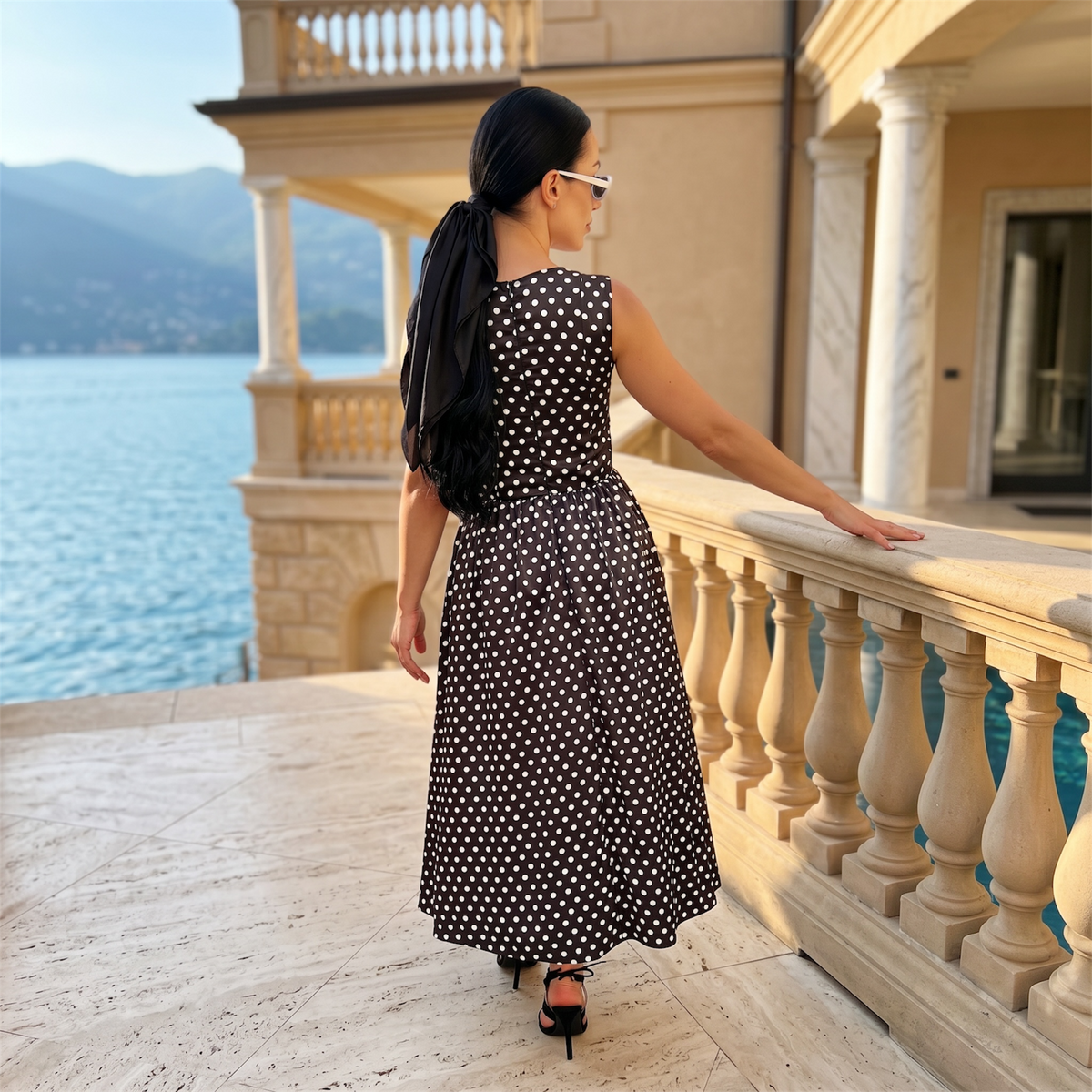 Rochie midi neagra cu imprimeu buline si corset