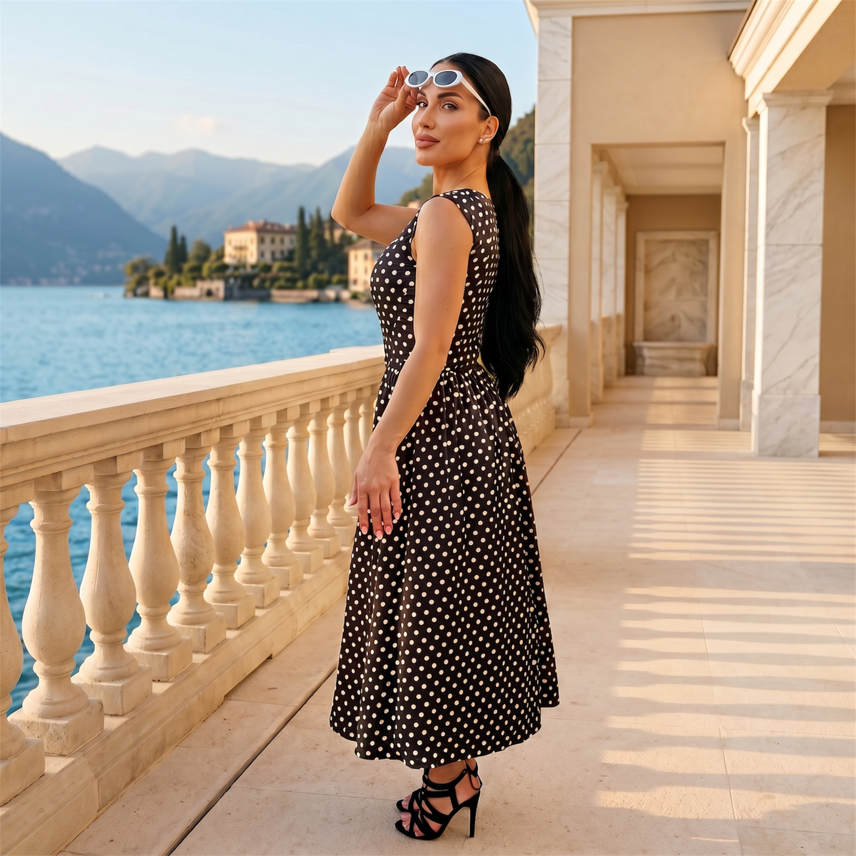 Rochie midi neagra cu imprimeu buline si corset
