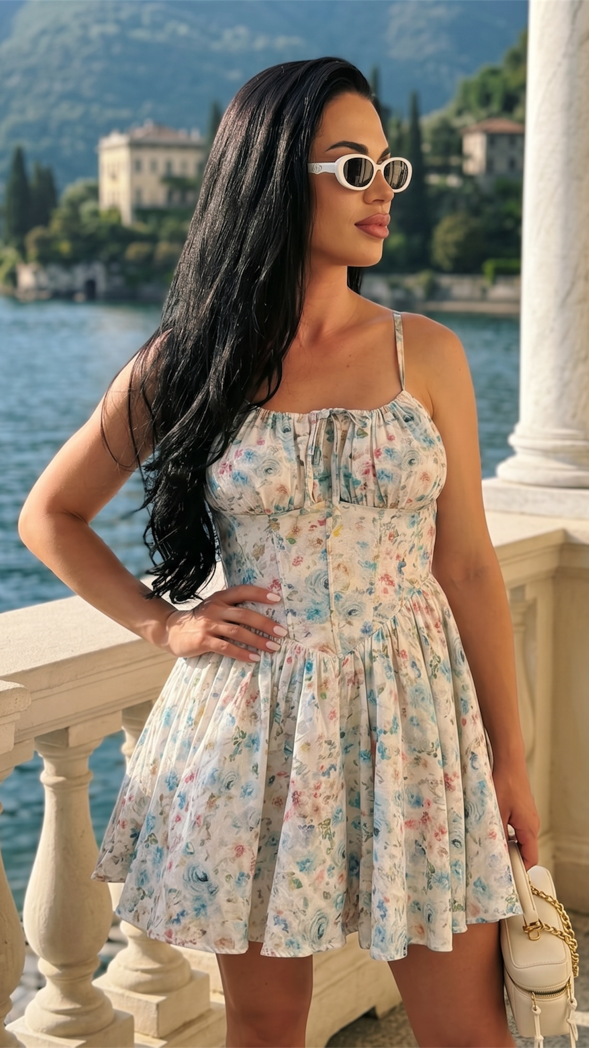 Rochie cu imprimeu floral pastel și corset