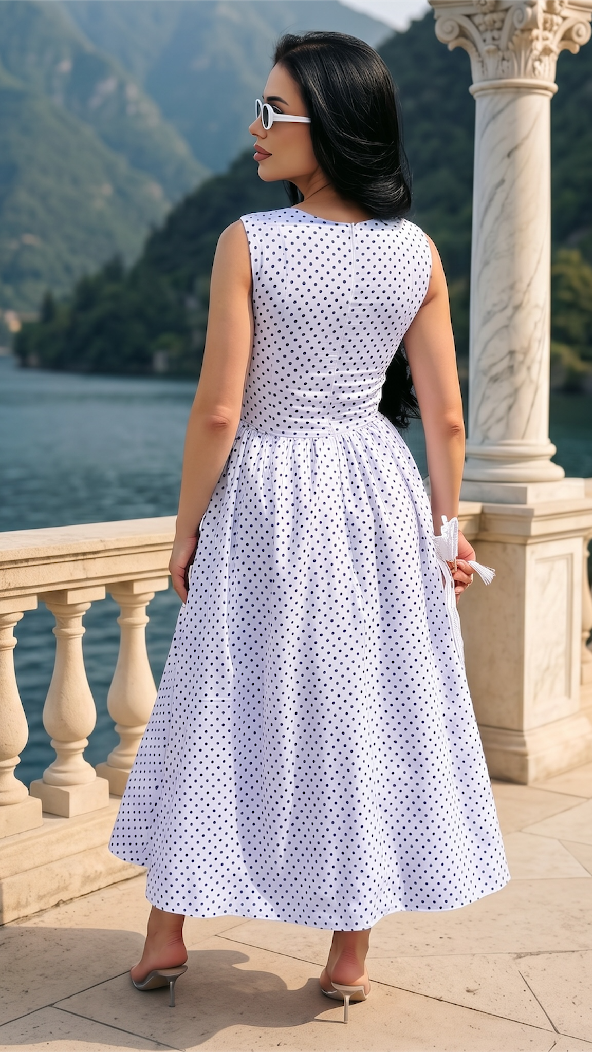 Rochie midi alba cu imprimeu buline si corset