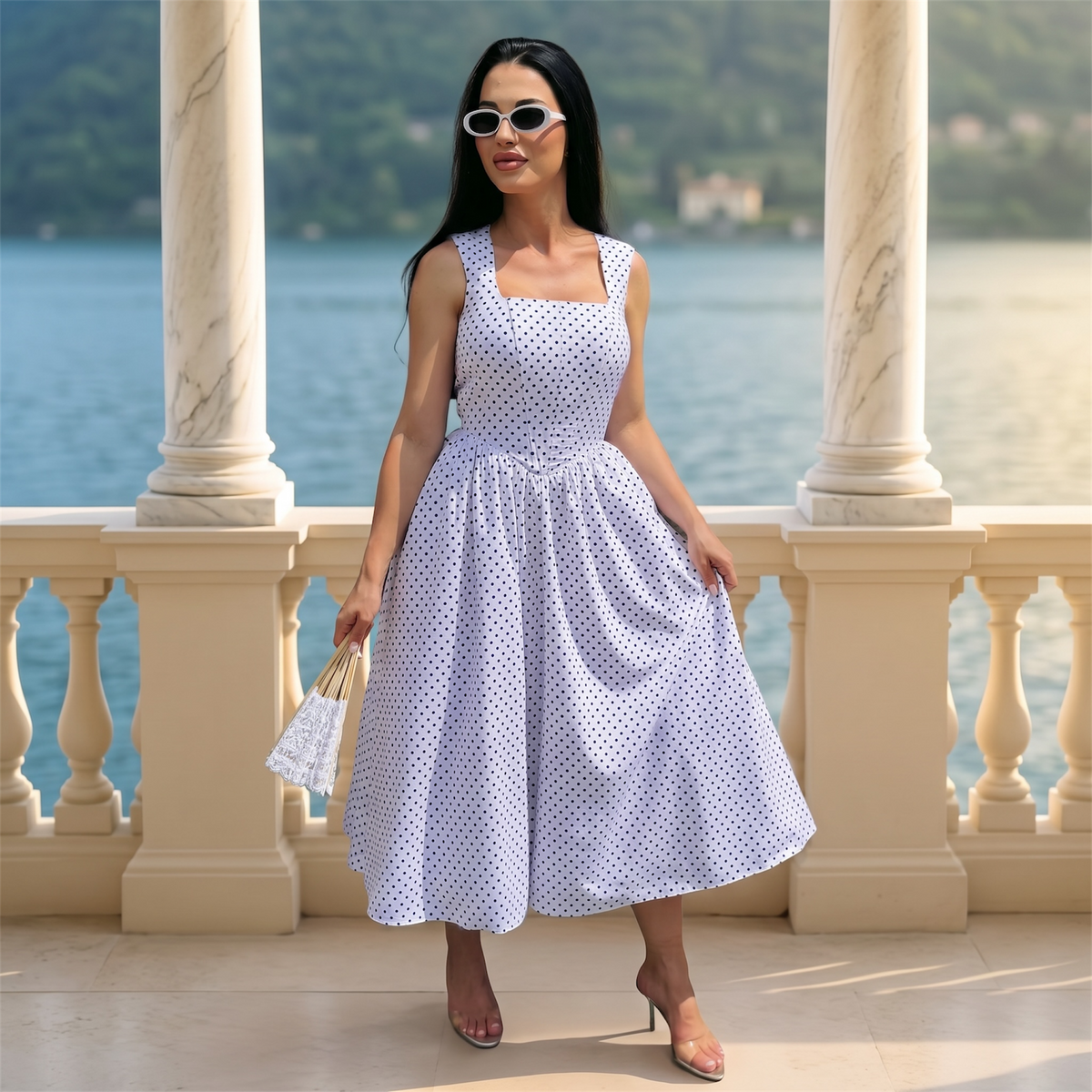 Rochie midi alba cu imprimeu buline si corset