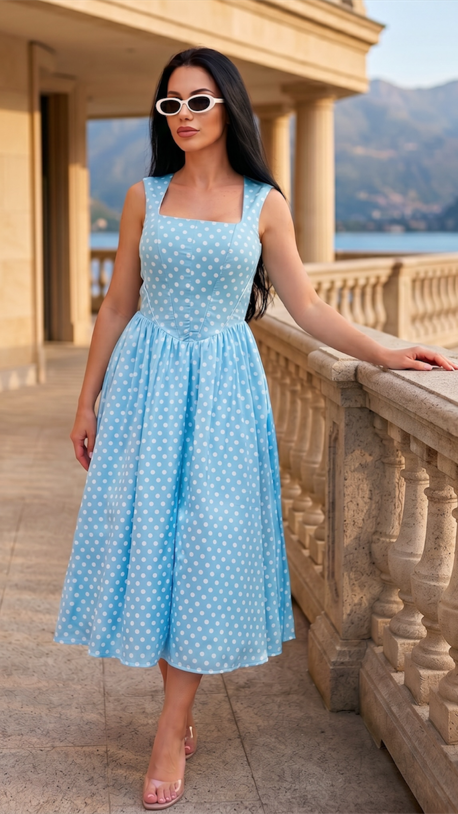 Rochie midi bleu cu imprimeu buline si corset