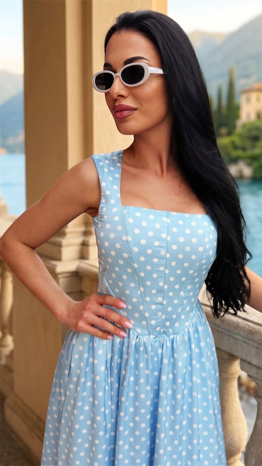 Rochie midi bleu cu imprimeu buline si corset