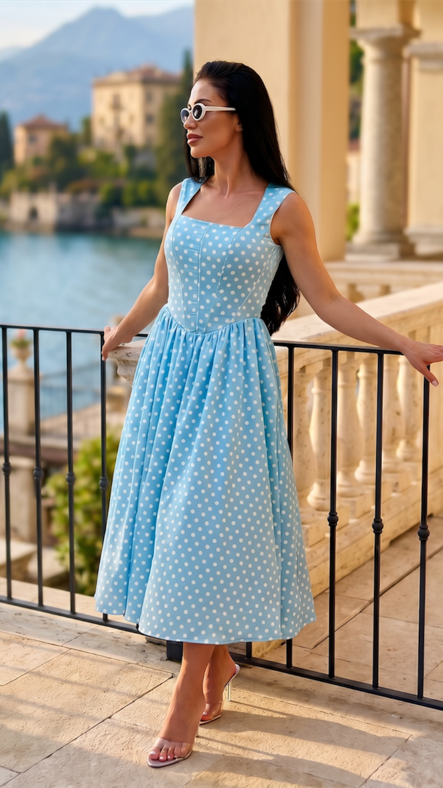 Rochie midi bleu cu imprimeu buline si corset