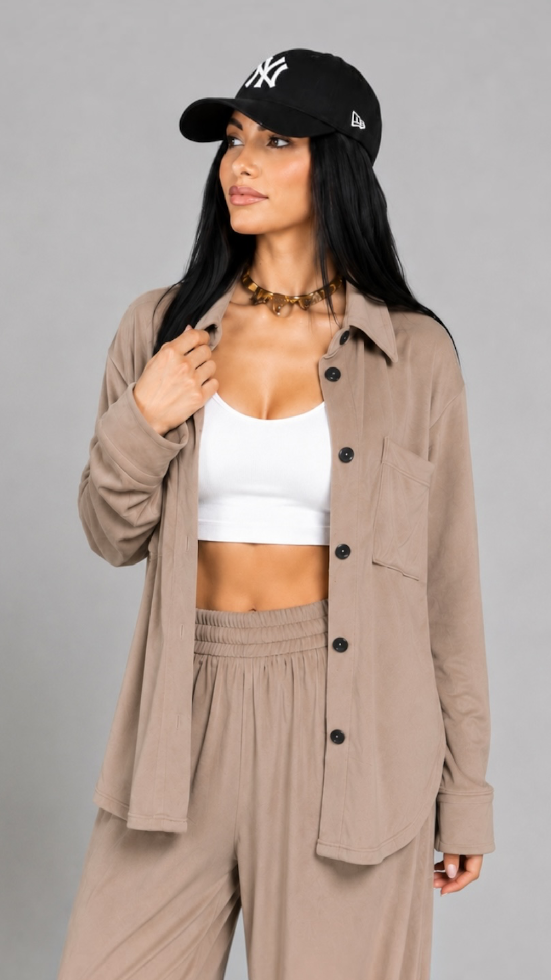 Trening dama cappuccino format din jacheta tip camasa oversize si pantaloni largi