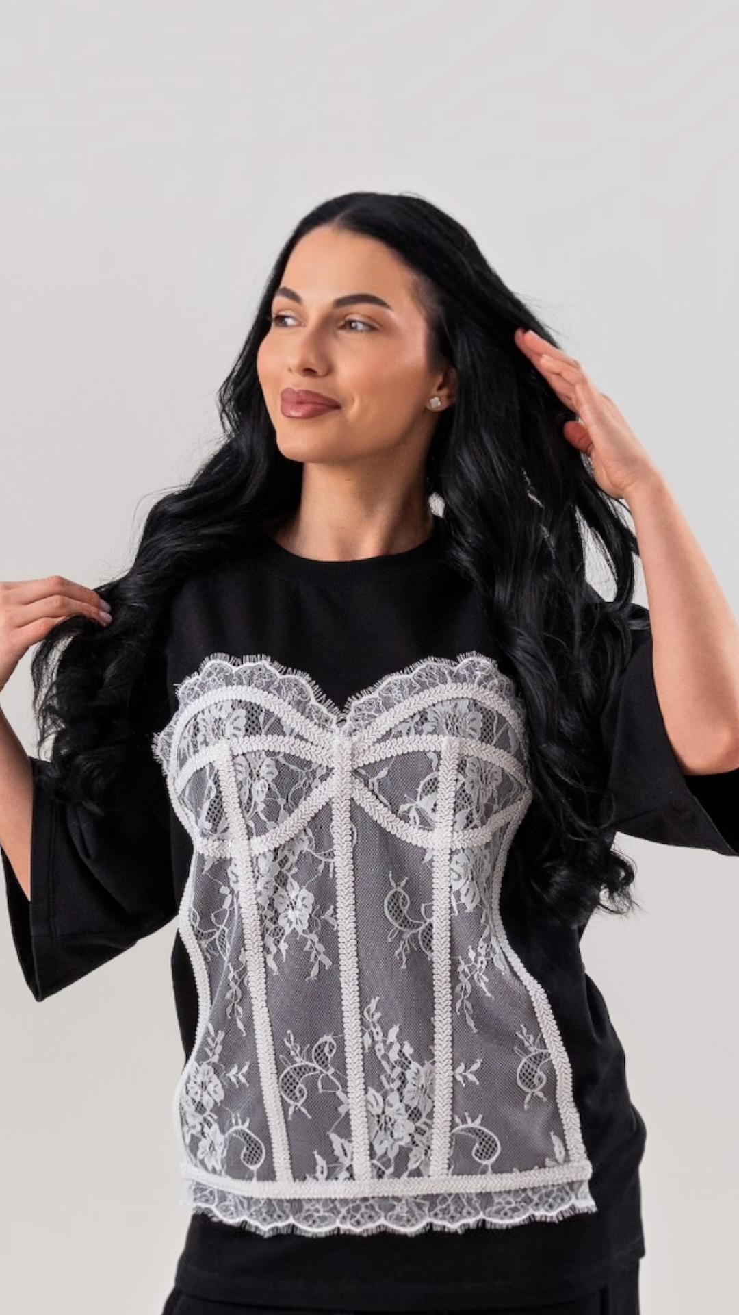 Tricou dama negru din bumbac premium cu corset din dantela