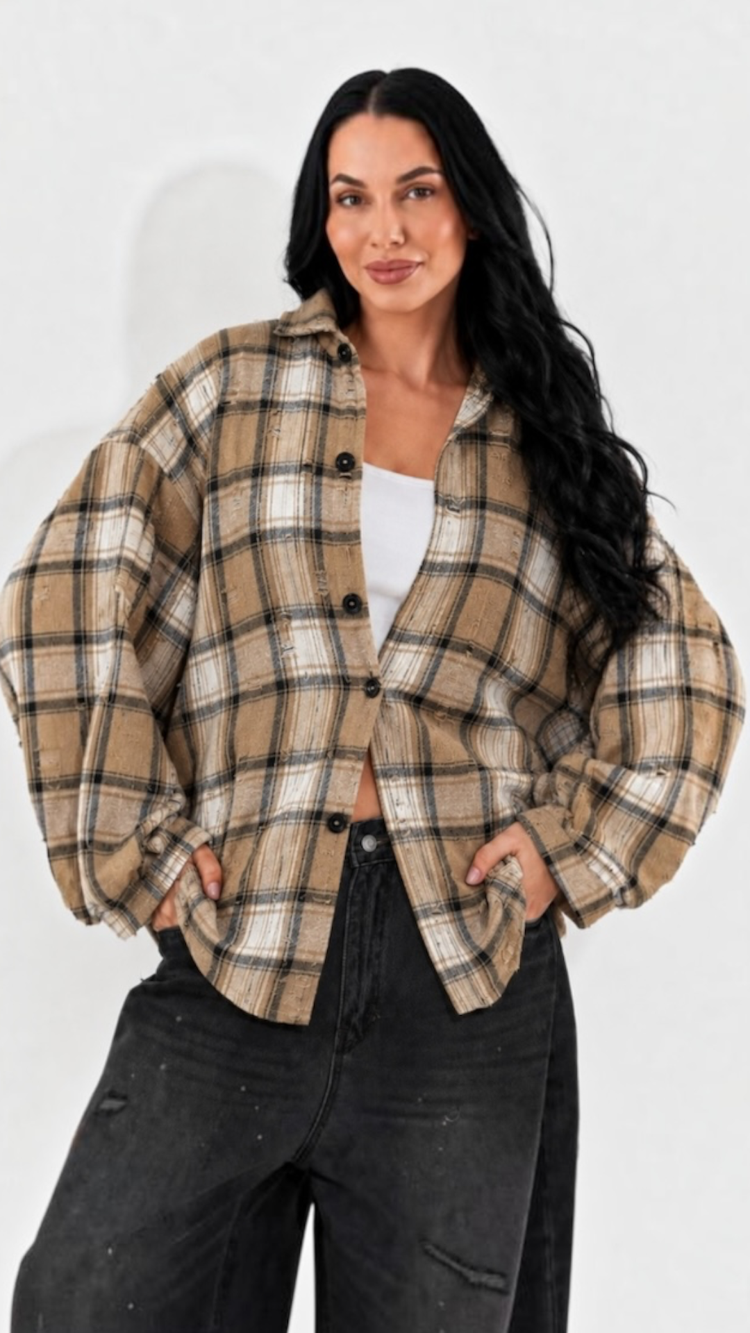 Camasa dama oversize in carouri crem-alb-negru cu perforatii