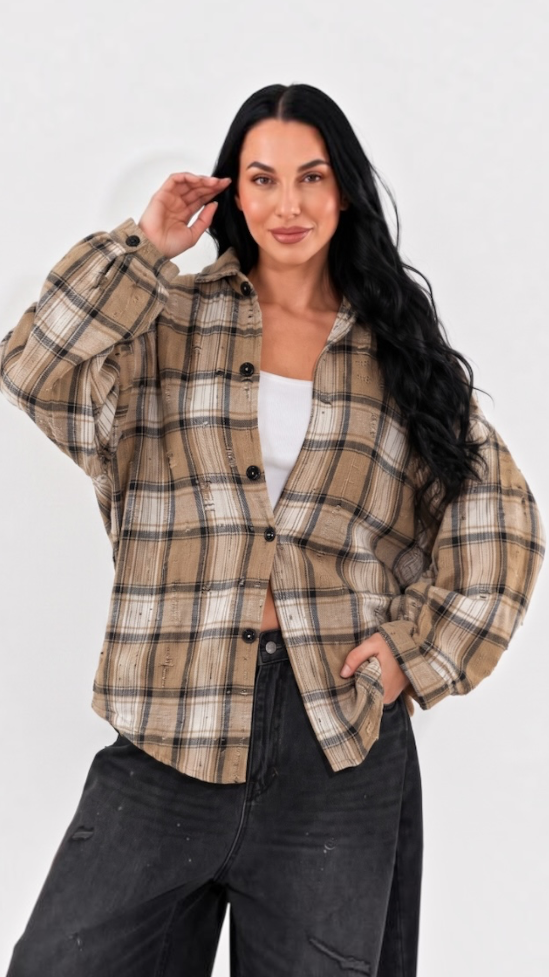 Camasa dama oversize in carouri crem-alb-negru cu perforatii