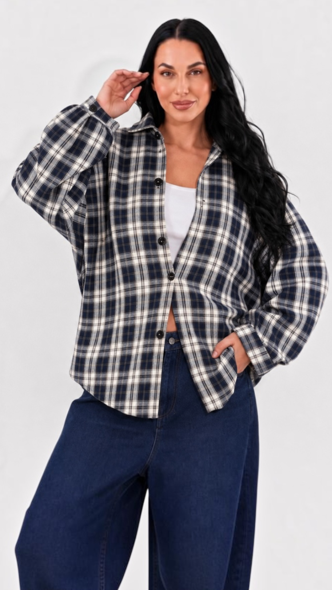 Camasa dama oversize in carouri bleumarin-crem