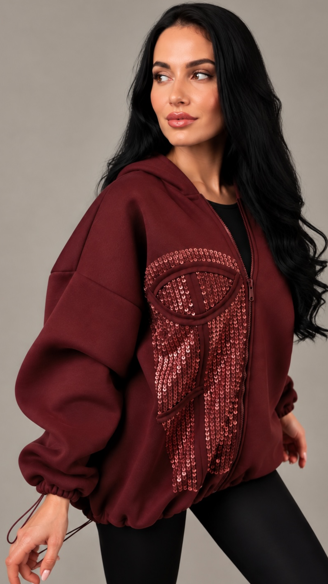 Hanorac dama burgundy cu aplicatie tip corset si paiete