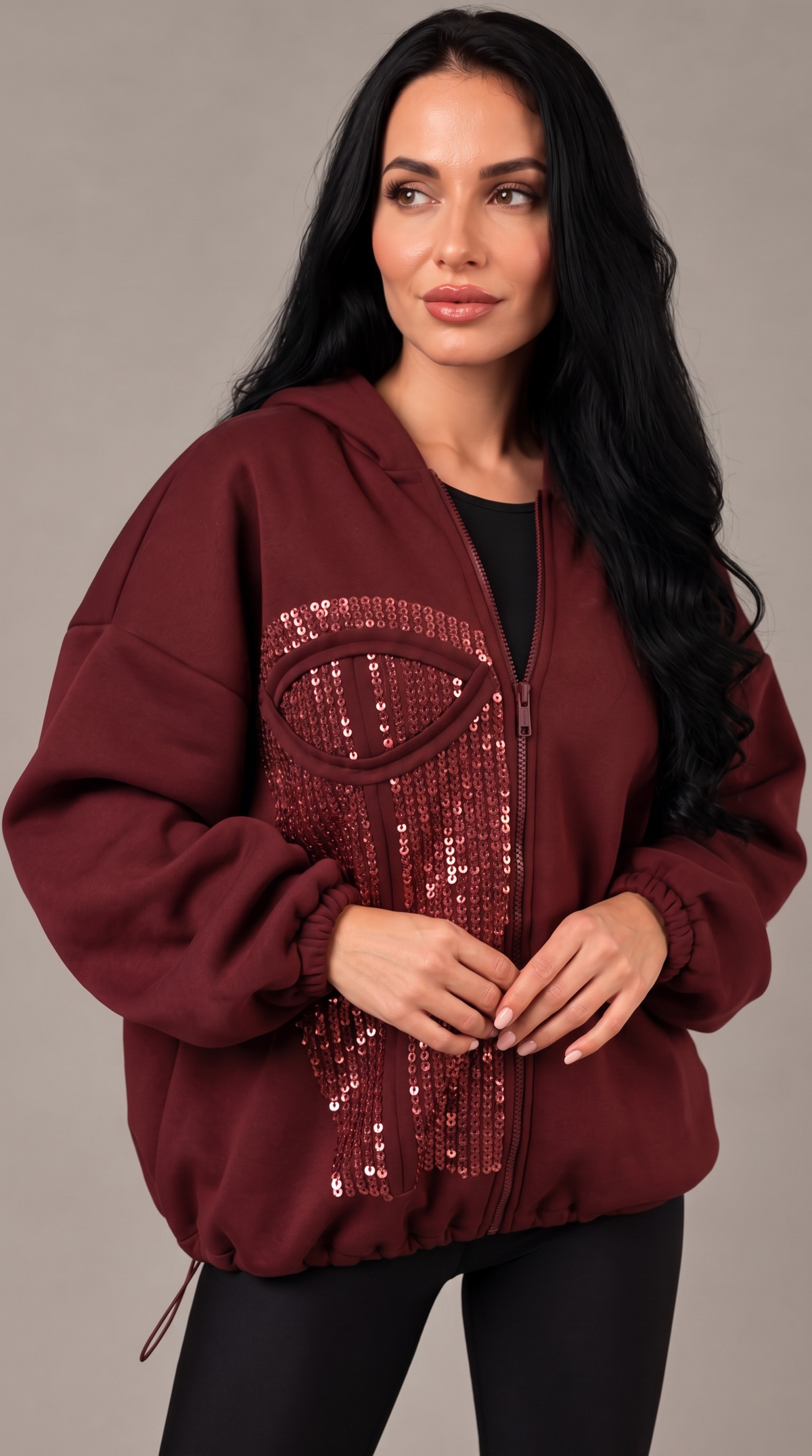 Hanorac dama burgundy cu aplicatie tip corset si paiete