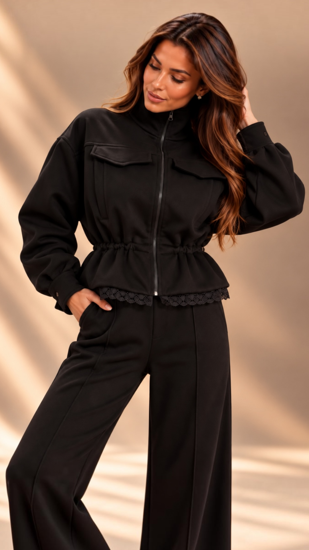Trening dama negru cu talie ajustabila si dantela chantilly