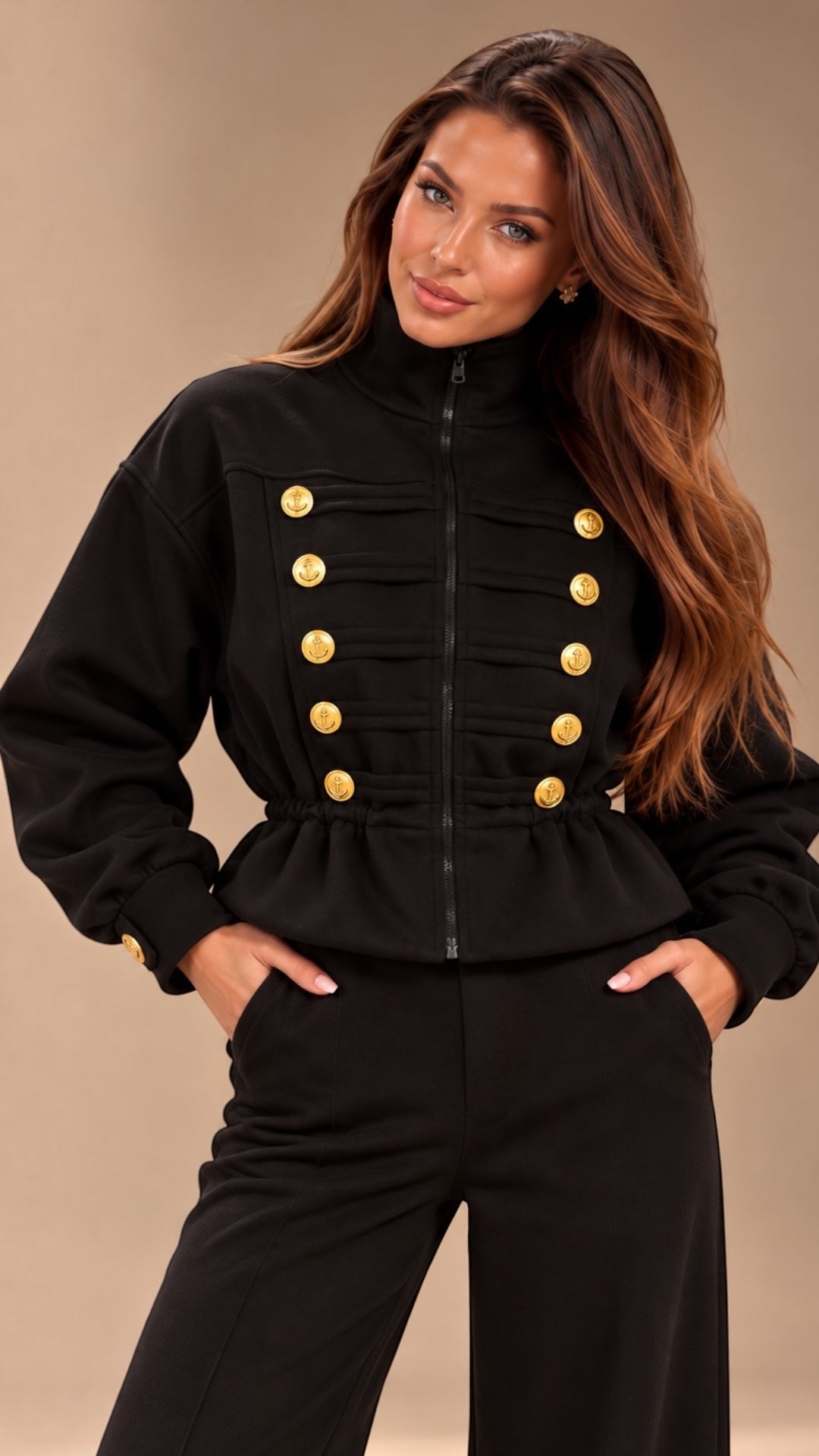 Trening dama negru in stil militar cu nervuri decorative si nasturi aurii
