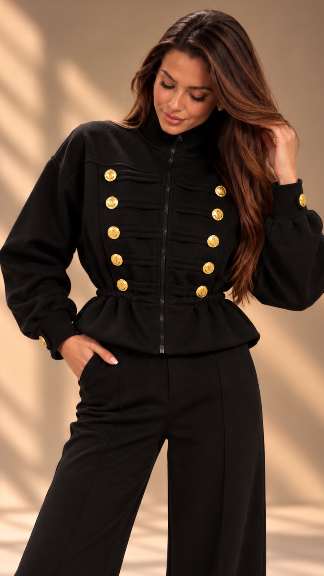 Trening dama negru in stil militar cu nervuri decorative si nasturi aurii